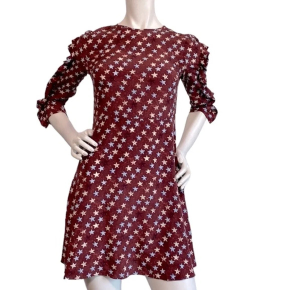 Sandro Burgundy Star Print 100% Silk Round Neck Ruffle Mini Dress Size 1=S US - Picture 3 of 13